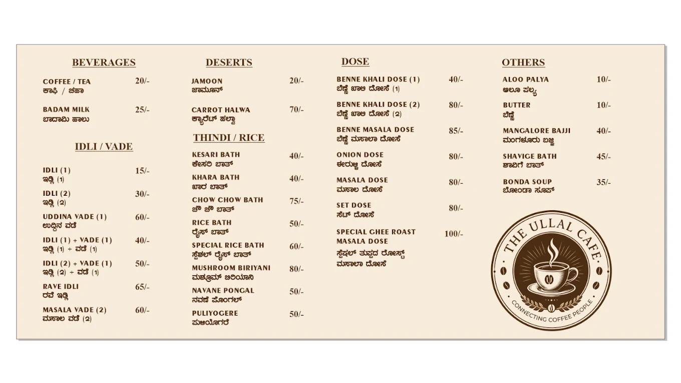 The Ullal Cafe printed menu board